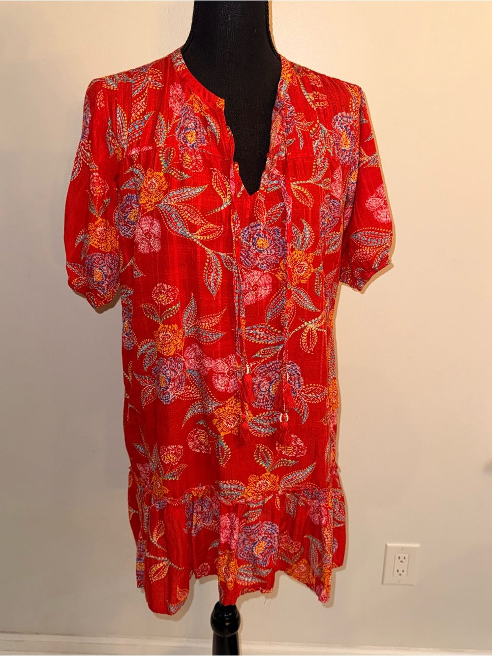 Johnny Was Red Floral Notch-Neck Ruffle-Hem Mini Dress